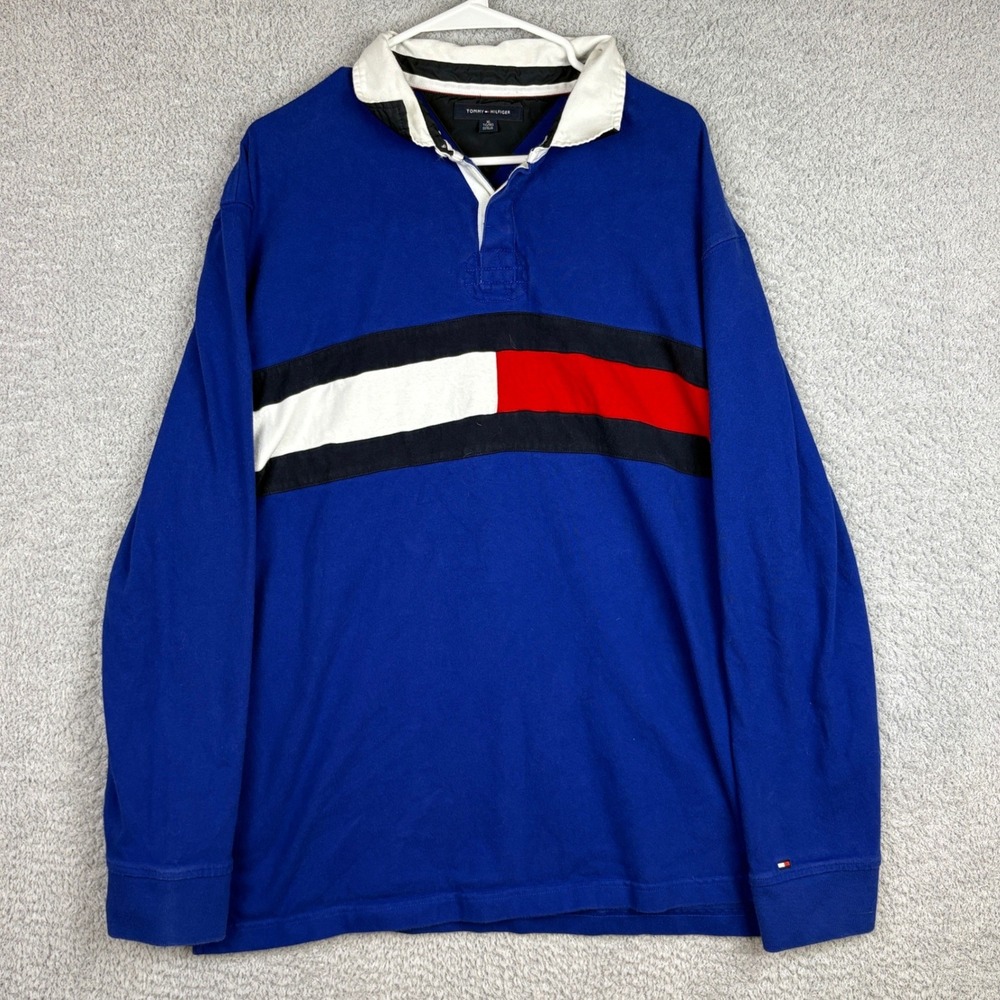Tommy Hilfiger Rugby Shirt Mens XL Blue Colorblock Flag Logo Vintage 90s Style